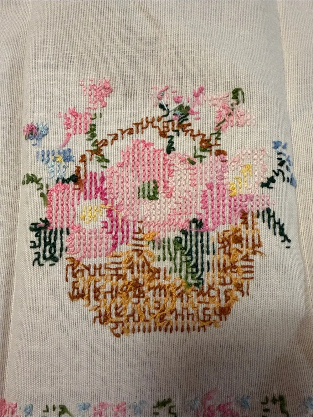 Vintage Linen Towels - Cross Stitch Flower Basket- Set/2 - Pink & Blue